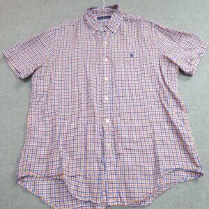 Polo Ralph Lauren Shirt Large Blue Orange Plaid 100% Linen Button Down